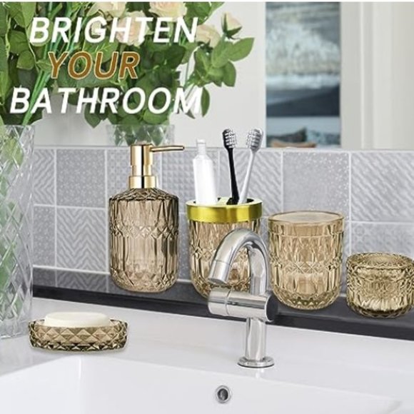 Set of 5 - Retro Amber Glass Bathroom Accessory Set - Classic Bathroom Decor - Picture 4 of 9